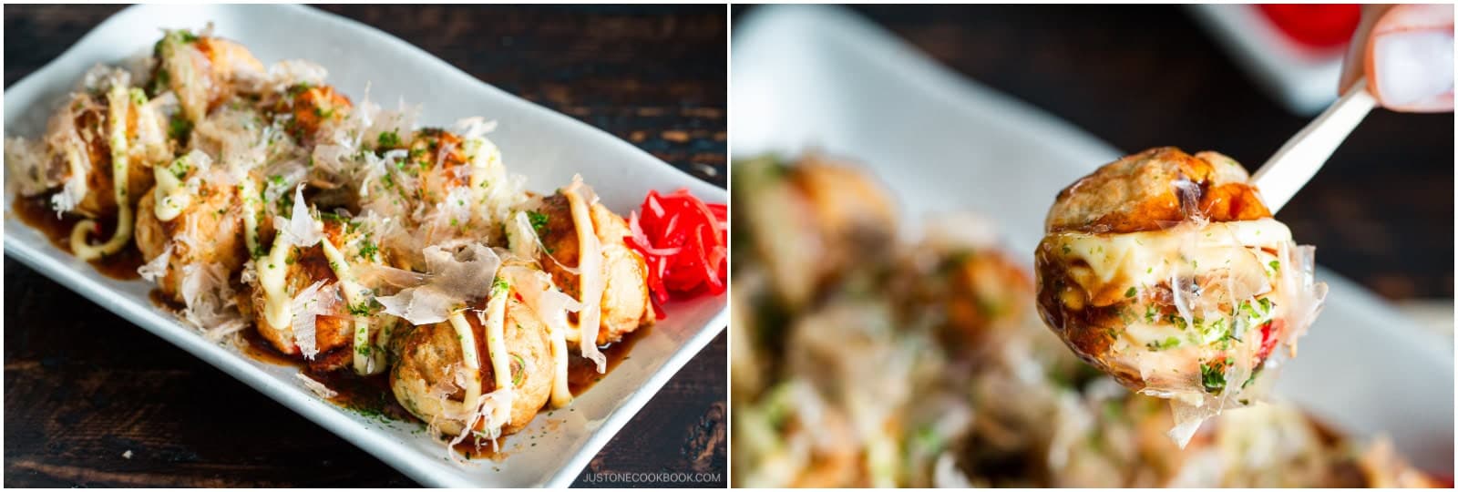 Transfer them onto a plate and drizzle with ½ cup takoyaki sauce and Japanese Kewpie mayonnaise. Sprinkle with katsuobushi (dried bonito flakes) and aonori seaweed and serve with a side of pickled red ginger. Serve immediately. (But, be careful—they‘re VERY hot inside!)