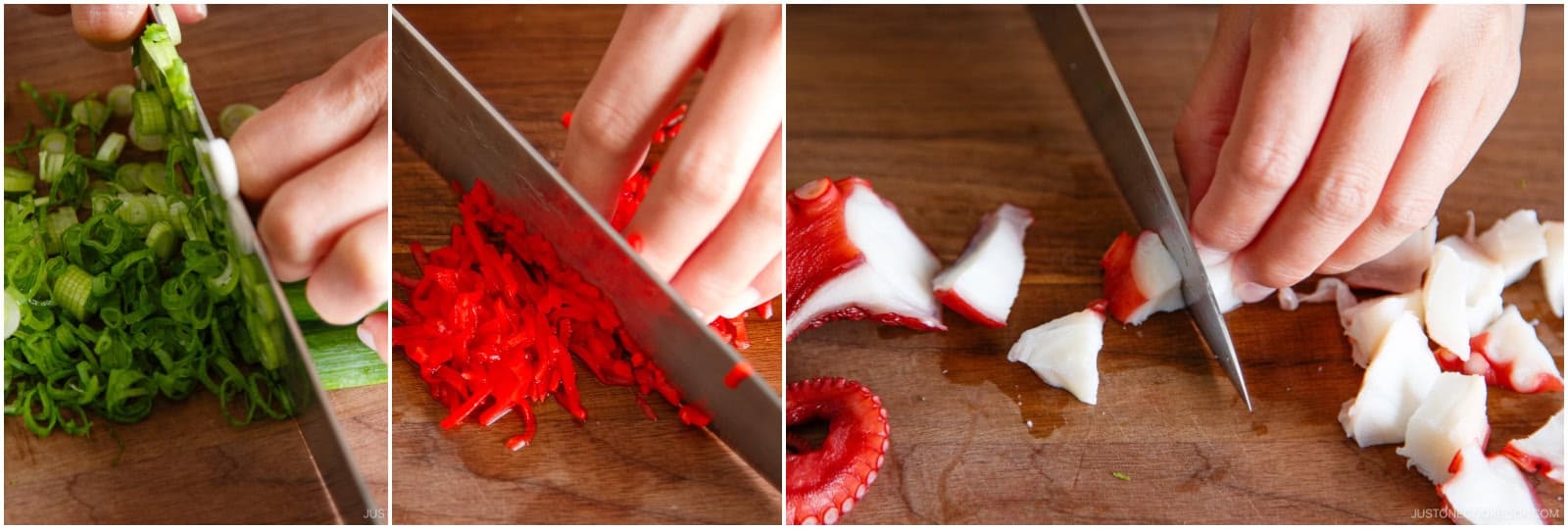 Cut 2 green onions/scallions into thin slices and mince 1 Tbsp pickled red ginger. Cut 4.2 oz octopus sashimi (boiled octopus) into bite-sized pieces about ½ inch (1.3 cm); I use the rangiri cutting technique. Tip: Cut it into smaller pieces so it's easier to chew, especially for kids.