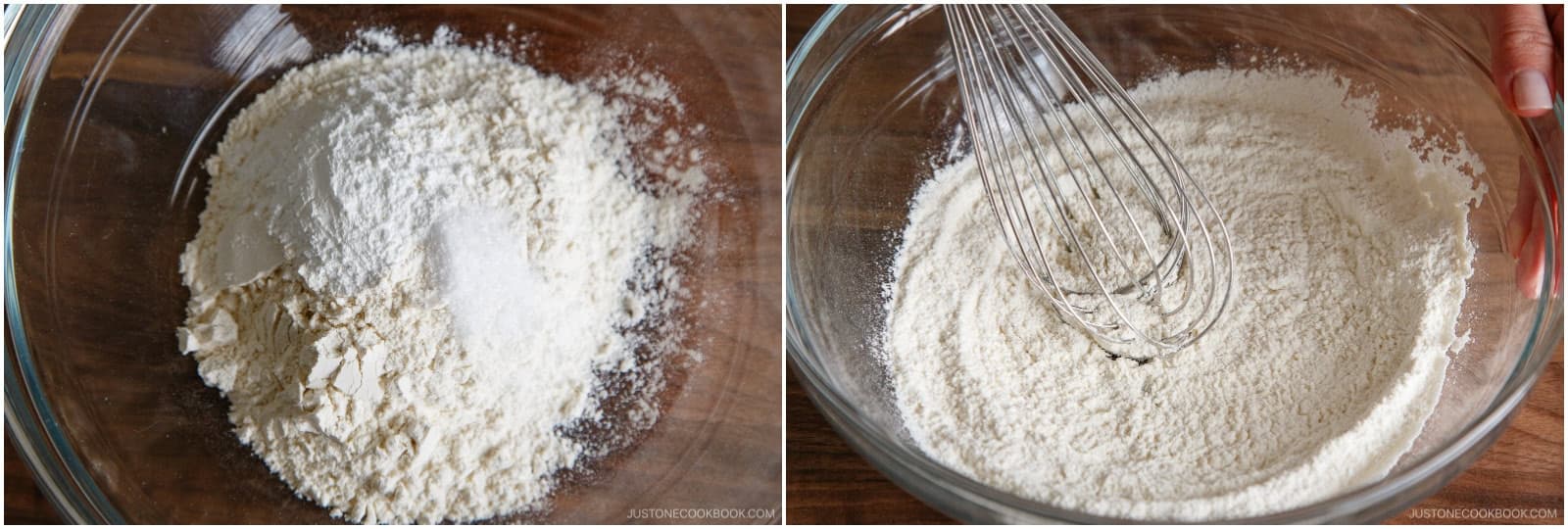 Combine 1 cup all-purpose flour (plain flour), 2 tsp baking powder, and ½ tsp Diamond Crystal kosher salt in a large mixing bowl. Whisk it all together.
