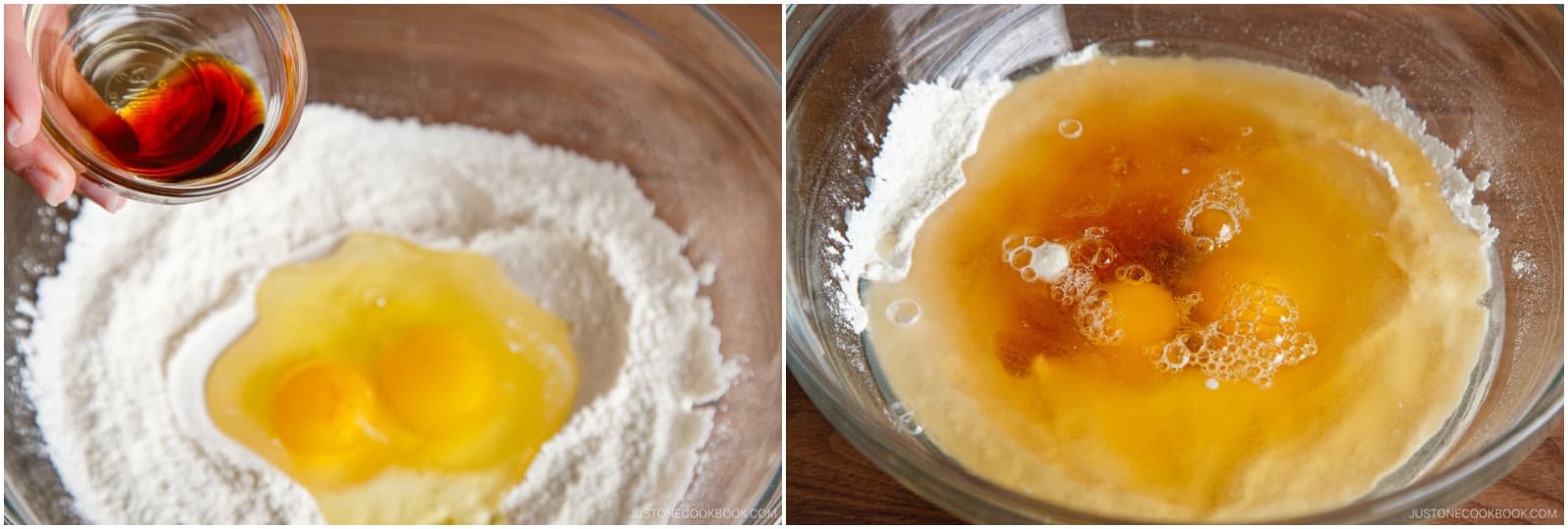 Add 2 large eggs (50 g each w/o shell), 1 tsp soy sauce, and 1½ cups dashi (Japanese soup stock) to the bowl.