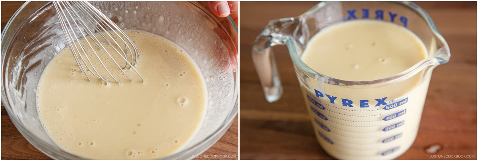 Whisk until well blended. Transfer it to a handled measuring cup or any pitcher with a spout for easy pouring.