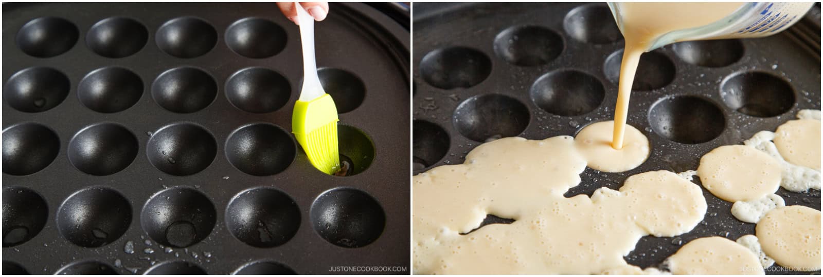 Heat the takoyaki pan to 400ºF (200ºC) over medium heat. Use a brush to generously grease the rounded chambers and flat top surface with 2 Tbsp neutral oil. When the oil starts to smoke, pour the batter to fill the chambers. It’s okay to slightly overfill the cavities. In the next steps, the batter will likely overflow as you add more ingredients to it.