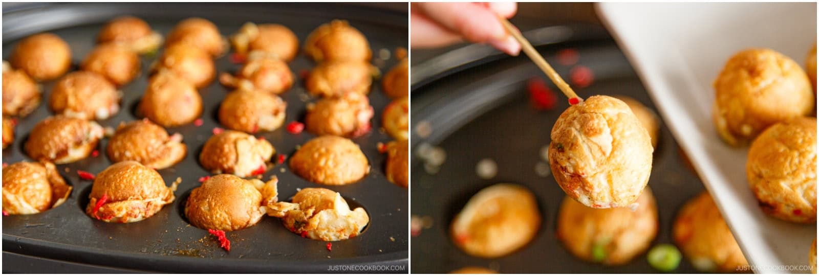 After 4 minutes, rotate them again, starting with the first ball. Turn each takoyaki another 90 degrees toward the bottom of the pan so the remaining uncooked batter pours out into the chamber to complete the ball shape. Home takoyaki griddles don‘t distribute heat evenly, so it’s a good idea to swap the balls around to different chambers so they brown evenly. After turning and cooking for another 4 minutes, they are done.