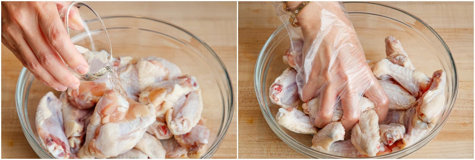 Add 1½–2 lb chicken wings (flats/drumettes) and 2 Tbsp sake to a large bowl. Toss well to coat (I use my hands). Set aside for 10 minutes, turning the wings halfway through. Nami's Tip: The sake removes odors and tenderizes the chicken.