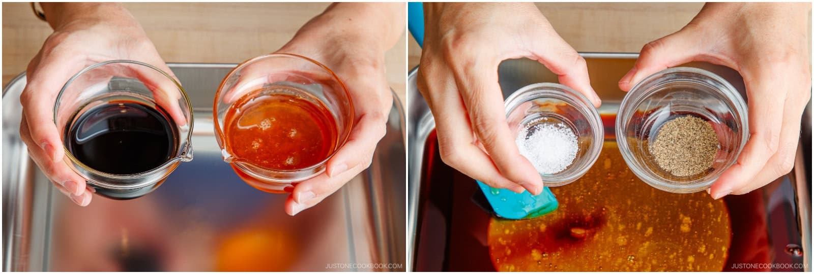 Combine ¼ cup soy sauce, ¼ cup honey, ⅛ tsp Diamond Crystal kosher salt, and ⅛ tsp freshly ground black pepper in an airtight container (I used my favorite stainless prep tray) or a large resealable plastic bag.