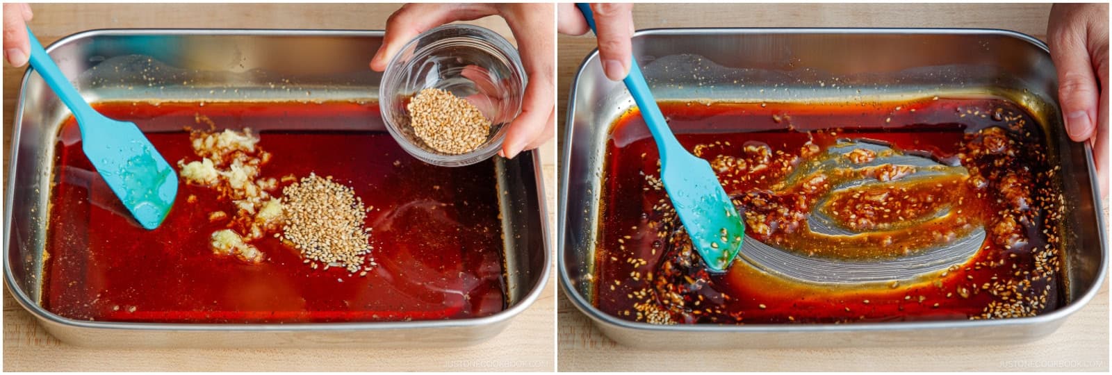 Crush or mince 2 cloves garlic (I use a garlic press) and add to the marinade. Then, add 1½ tsp toasted white sesame seeds, saving the rest for garnish. Mix well together.