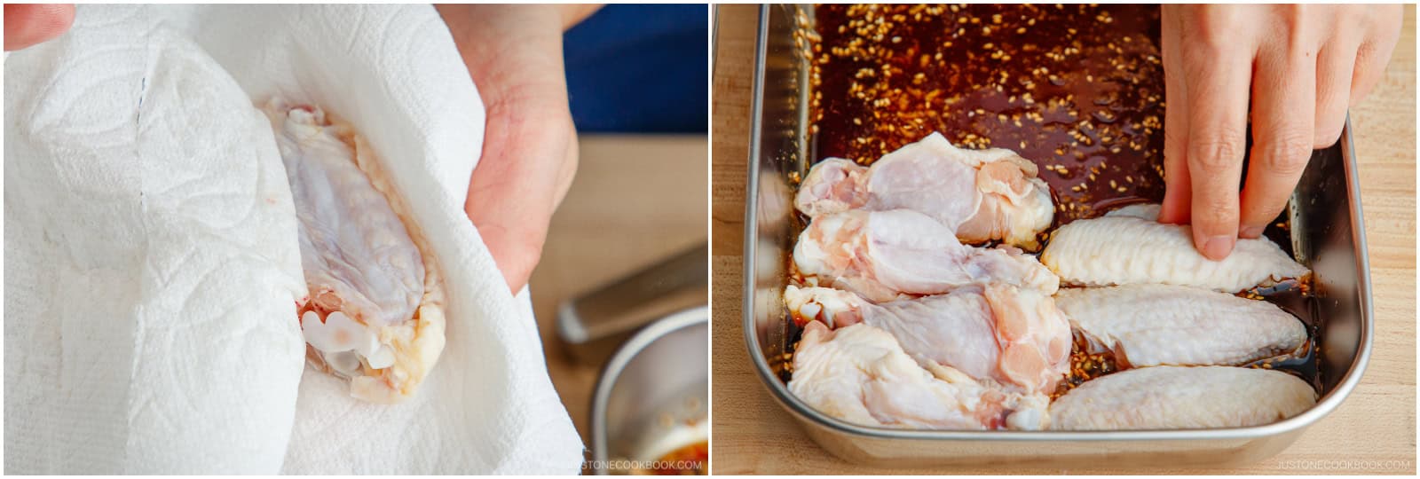 Pat the wings dry with a paper towel and add to the marinade.