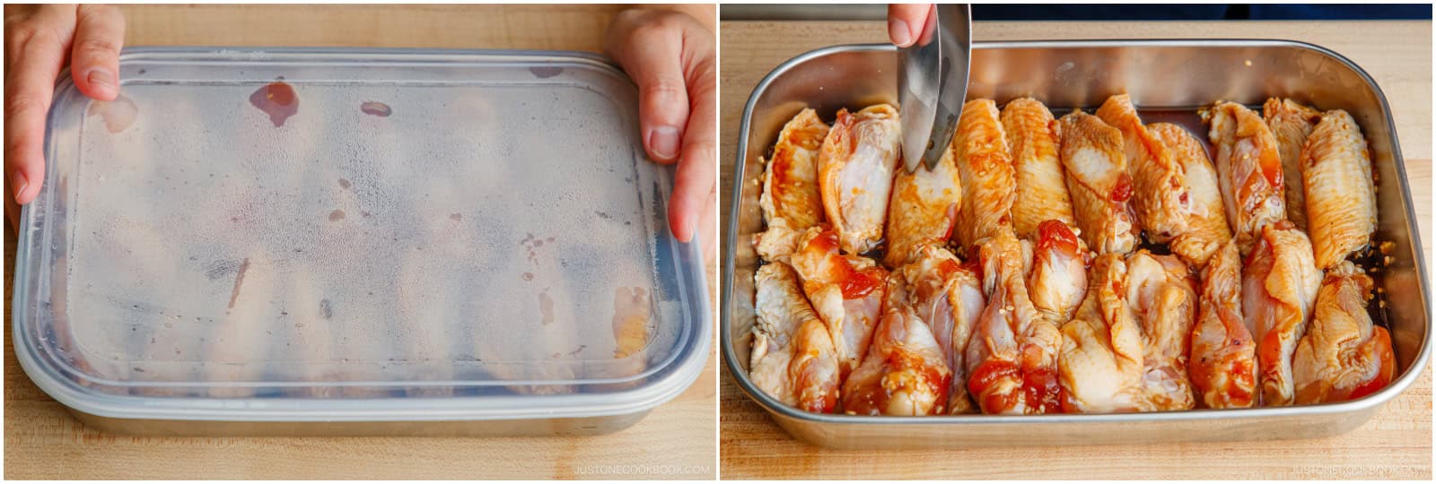 Flip the wings a few times while marinating, as the marinade won't cover the wings completely in the container. If you're using a resealable plastic bag, rub the chicken in the bag a few times, making sure it is coated well with the marinade.