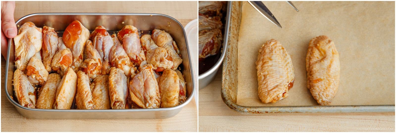 Preheat the oven to 400ºF (200ºC). For a convection oven, reduce the temperature by 25ºF (15ºC). Prepare a baking sheet lined with parchment paper. Remove the wings from the marinade and place them on the baking sheet in a single layer, spaced apart. Do not add the marinade, as the honey can burn easily.