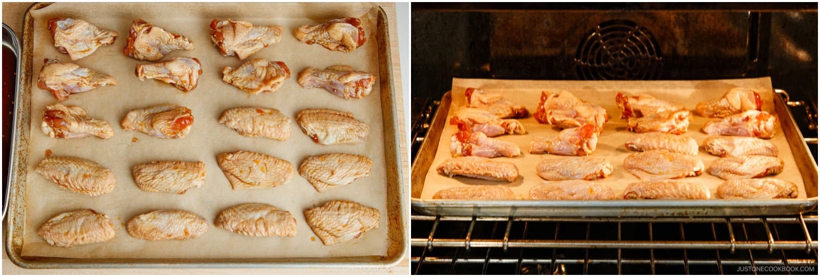 Bake for 30 minutes, flipping them halfway through. Optional: Cover loosely with foil for the first 15 minutes if you're using a smaller oven or if your wings charred too quickly in the past. Then, uncover to finish cooking and let the glaze caramelize.Nami's Tip: Drumsticks usually take 45 minutes. Boneless chicken thighs take 25–30 minutes, while boneless chicken breasts need 20–25 minutes.