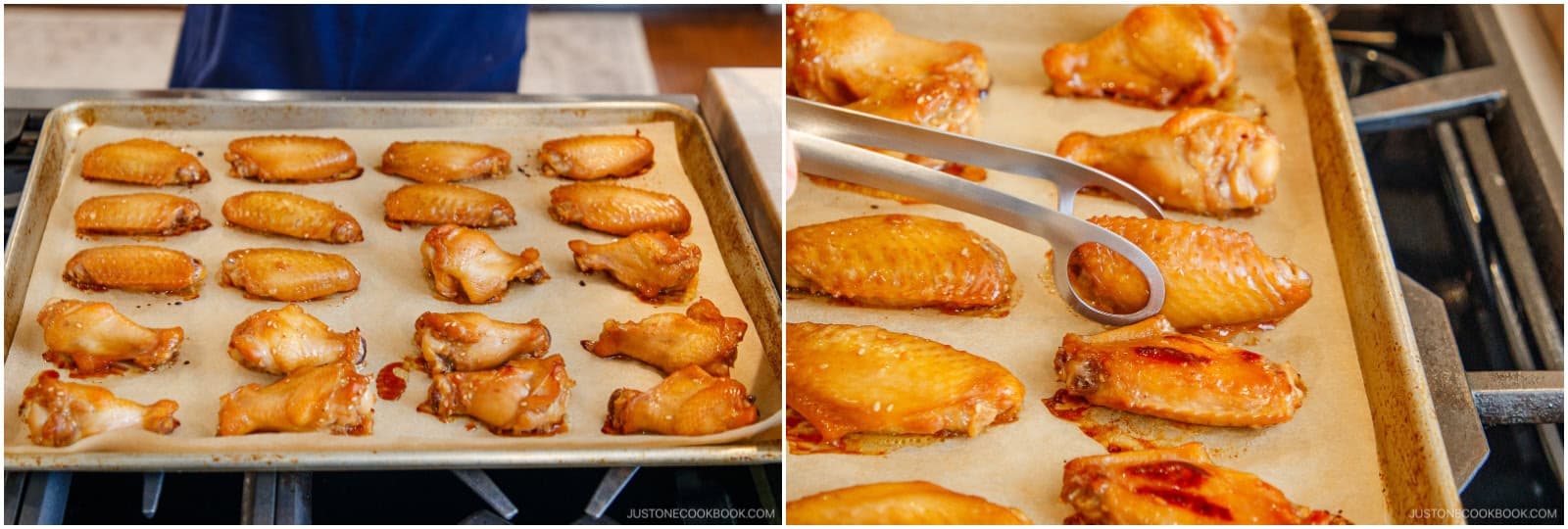 Take out the baking sheet halfway through cooking, close the oven door, and flip the chicken. This prevents the oven temperature from dropping.