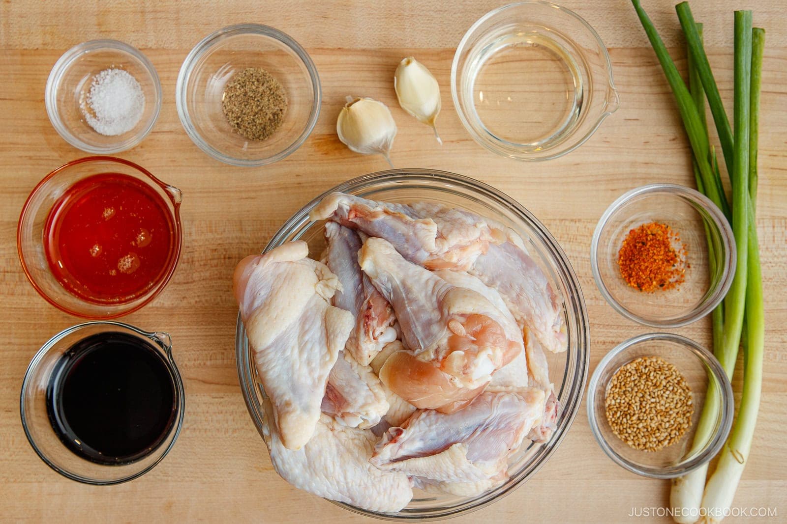 Gather all the ingredients.Nami's Tip: Prick the skin of the wings with a fork for faster marination. If you're using boneless, skinless chicken breasts, pound them to an even thickness.