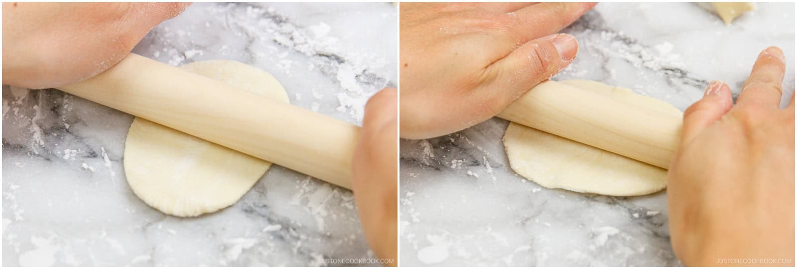 Using a rolling pin, roll out the dough, but leave the top and bottom edges slightly thicker. This trick helps keep the wrapper round. Rotate the dough 90 degrees and roll it into a thin circle, a bit wider than 3 inches (8 cm). If the dough resists or shrinks back, let it rest for a few minutes to relax the gluten, then roll again.
