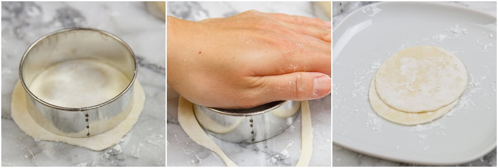 Cut the rolled dough with a 3-inch (8 cm) cookie cutter. If the dough shrinks back, wait a few seconds, then cut. Sprinkle each wrapper with potato starch and stack them, keeping the stack covered with a damp kitchen towel as you roll the rest. Keep the scraps covered with a damp towel. If they’re still soft later, combine the scraps and re-roll them to make more wrappers.One batch makes about 38–42 wrappers. They are now ready to use or freeze.
