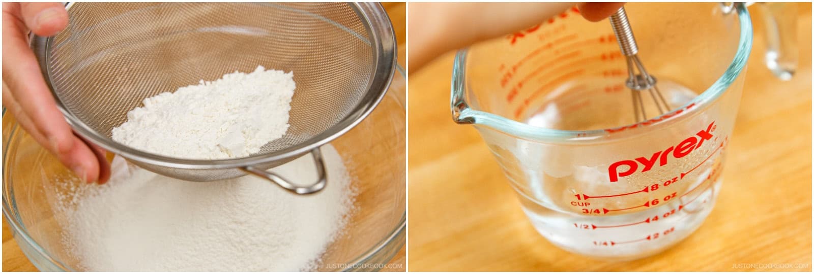 Sift 2 cups all-purpose flour (plain flour) into a large bowl. Add ½ tsp Diamond Crystal kosher salt to the just-boiled hot water and stir until completely dissolved.
