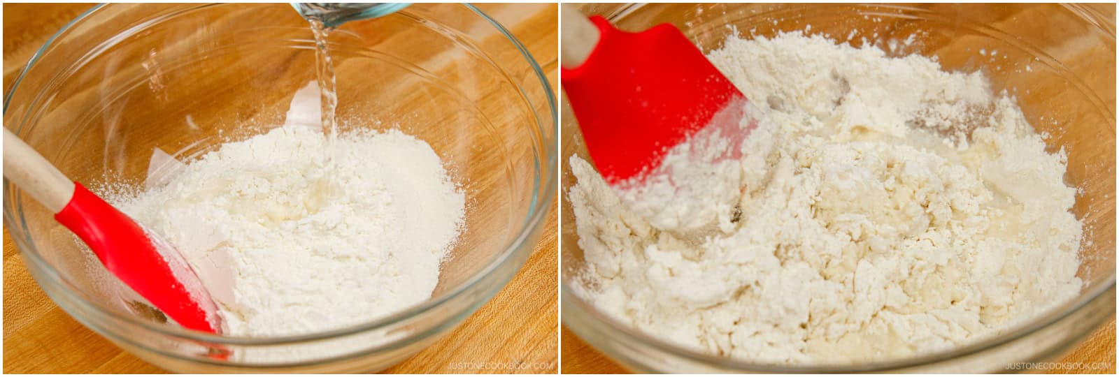 Slowly add ½ cup water (just-boiled and hot) to the flour, stirring with a spatula. Mix until the dough comes together. If it's still dry, add more hot water, ½ Tbsp at a time, until it forms a ball. Use your hands to finish mixing. Nami's Tip: Different flours absorb water differently, so adjust as needed (I used about 120–150 ml for one batch).