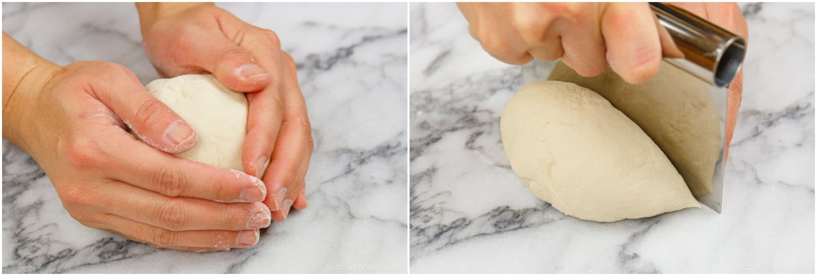 Cut it in half with a dough scraper. It doesn't have to be exact.