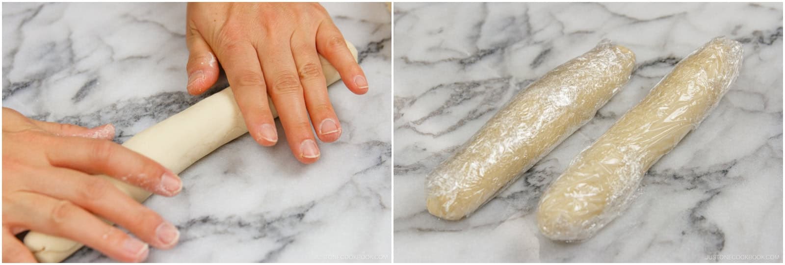 Shape each half into a log about 1½ inches (3.8 cm) thick. It doesn’t need to be perfect, especially if you’ll cut shapes later. Wrap each log in plastic wrap and let it rest for 30 minutes.