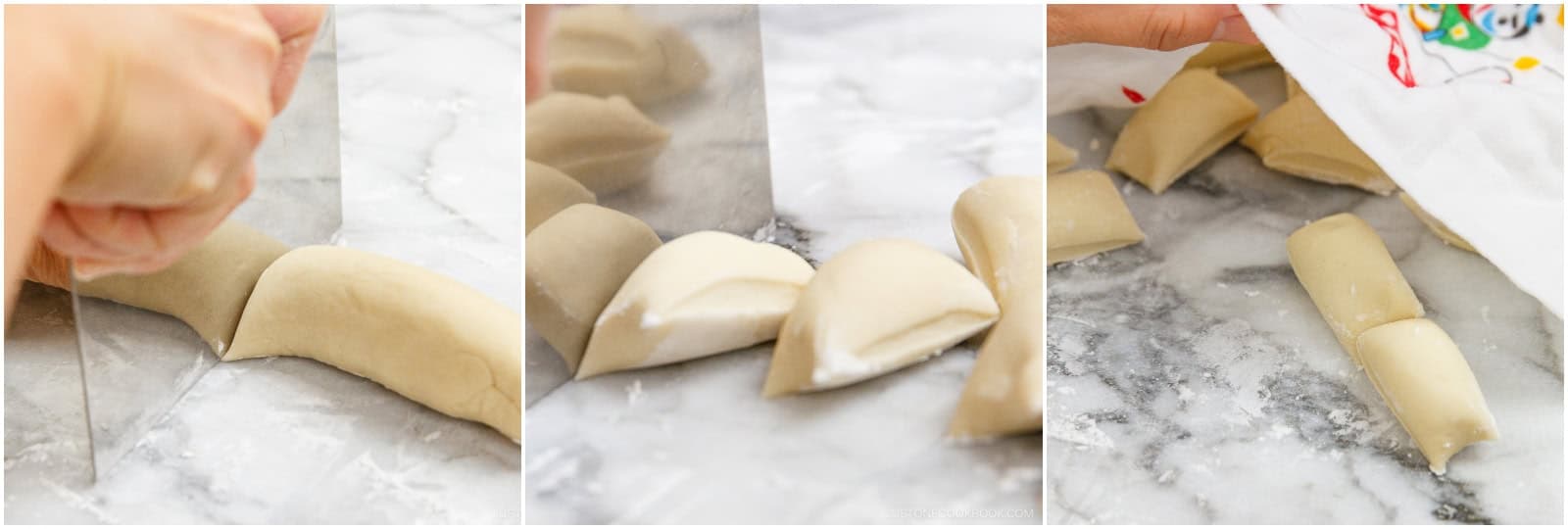 Unwrap the dough and lightly dust the work surface with potato starch or cornstarch. Cut each log into ¾-inch (2 cm) pieces. The sizes don’t have to match since you’ll cut them with a cookie cutter. Always keep the dough covered with a damp kitchen towel so it doesn't dry out.Nami's Tip: If you plan to freeze the wrappers, dust them with potato starch or cornstarch. Flour makes the wrappers stick together.