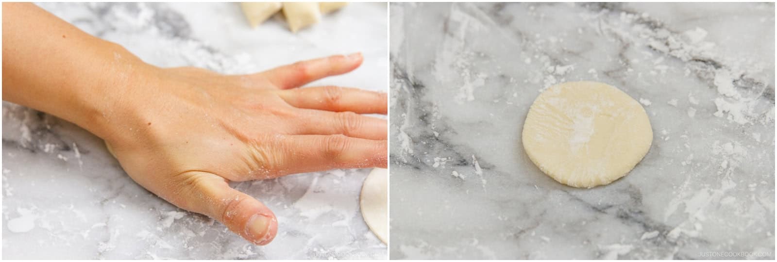 Lightly dust the work surface with starch, then press each ball flat.
