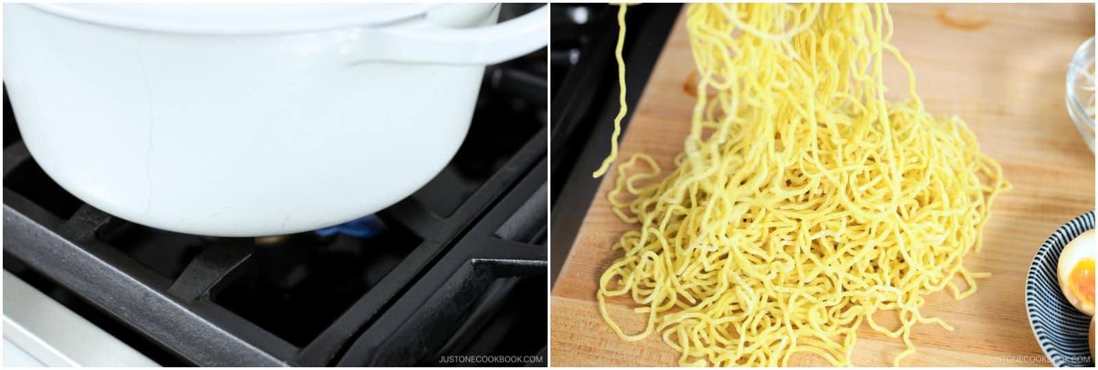 Bring a large pot of unsalted water to a boil. When the water is boiling, ladle some of the hot water into the ramen bowls to warm them. Meanwhile, gently shake 2 servings fresh ramen noodles with your hand to separate and loosen them.