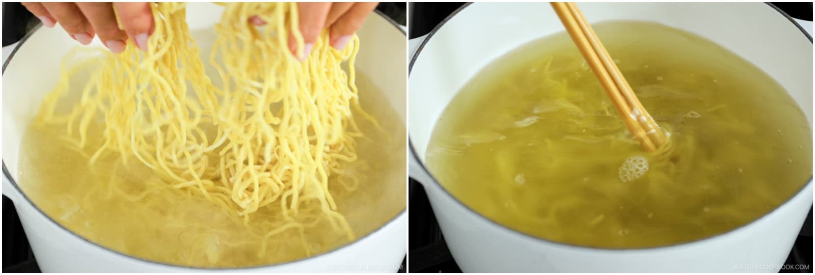 Cook the noodles according to the package instructions. I cook the noodles al dente so they're still firm, about 15 seconds less than the suggested cooking time. Before your noodles are done cooking, empty the hot water from the warmed ramen bowls.