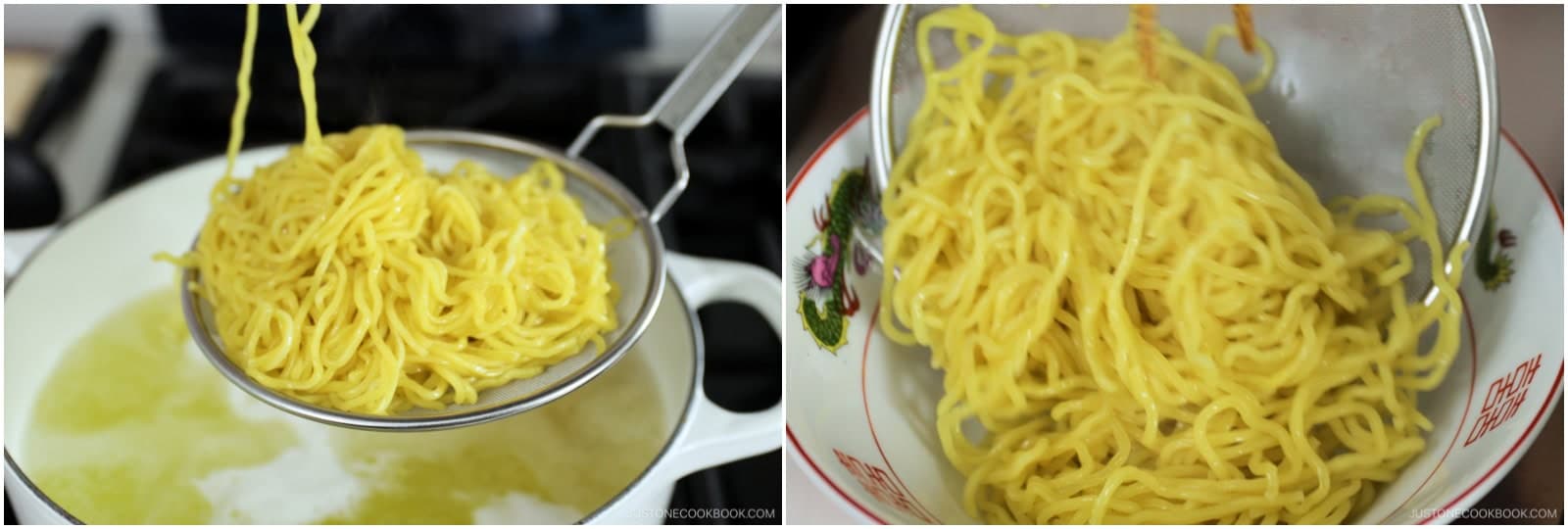 When the noodles are done, quickly pick them up with a mesh sieve and shake out the excess water. Serve them into the warmed bowls.Nami's Tip: Drain the noodles well so the cooking water doesn't dilute your soup.