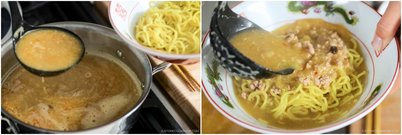 Add the hot ramen soup broth to each bowl.
