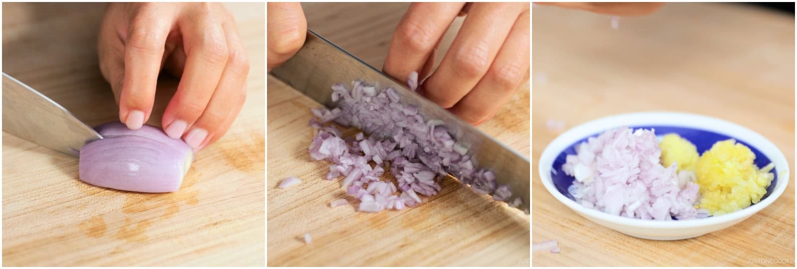 Mince 1 shallot and add to the plate. Set aside.