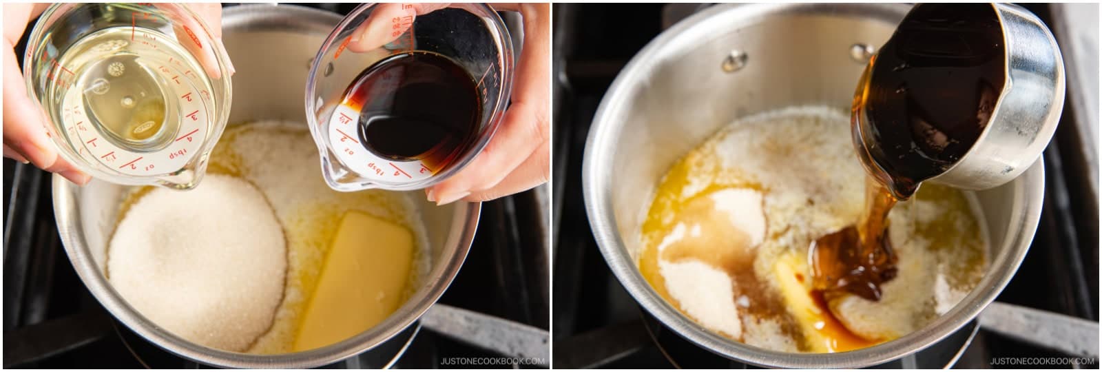 In a medium saucepan, melt ½ cup unsalted butter over medium heat. Then add ½ cup brown rice syrup, ½ cup sugar, ¼ cup neutral oil, and 2 Tbsp soy sauce.