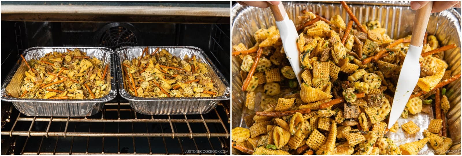 Bake at 250ºF (120ºC) for 1 hour. After 15 minutes, remove the pan from the oven and toss the mix, then return it to the oven to continue baking. Toss the mix every 15 minutes (3 times total).