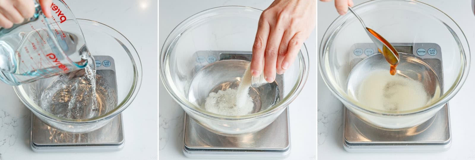 In a large glass bowl, combine 275 g water, 22 g sugar, and 11 g honey.Nami’s Tip: I recommend using a large, straight-sided glass bowl for proofing. The straight sides encourage the dough to rise upward rather than outward, while the clear glass allows you to monitor the fermentation bubbles and easily track when the dough has truly doubled in size.