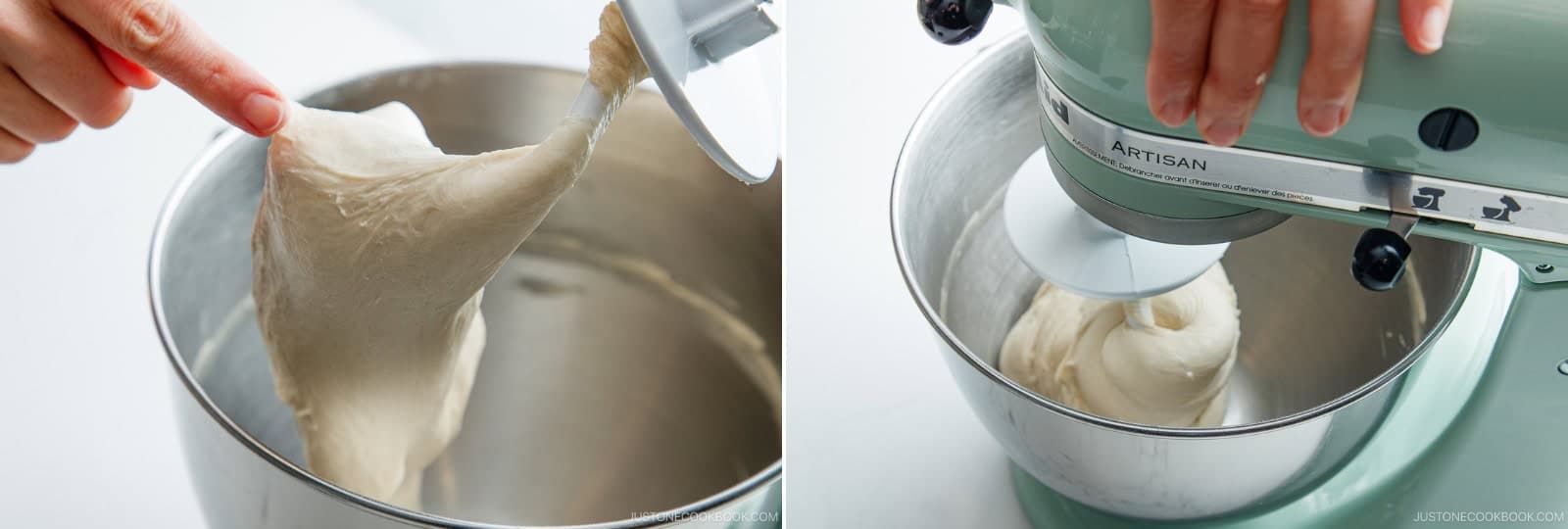 At the 2-minute mark, stop and lift the hook. If the dough comes together into one piece and clings to the hook, you are ready for the Windowpane Test. Otherwise, keep kneading on SPEED 6.