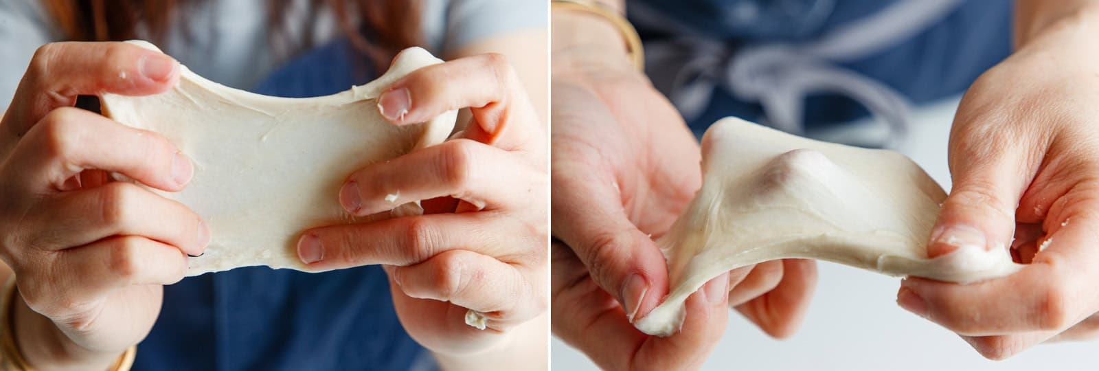 Tear off a small piece of dough and gently stretch it into a square. Pass if it forms a thin, translucent membrane without tearing. Fail if it breaks; continue kneading on SPEED 6 for 1 more minute and re-test.