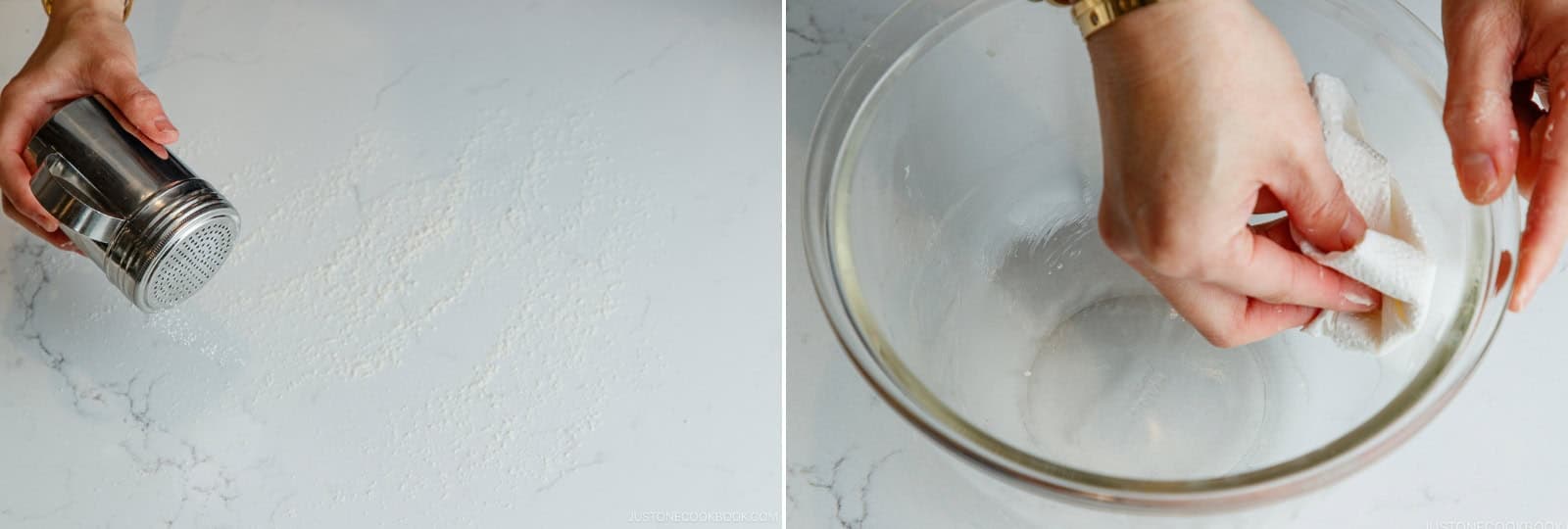 Lightly dust your work surface. Thinly coat the reserved bowl with ½ tsp neutral oil. Wipe off any excess oil from the bowl and your fingers with a paper towel. Nami’s Tip: I fill my flour duster with 2 tsp bread flour for dusting. Don’t use more than this, or you’ll risk a dry loaf.