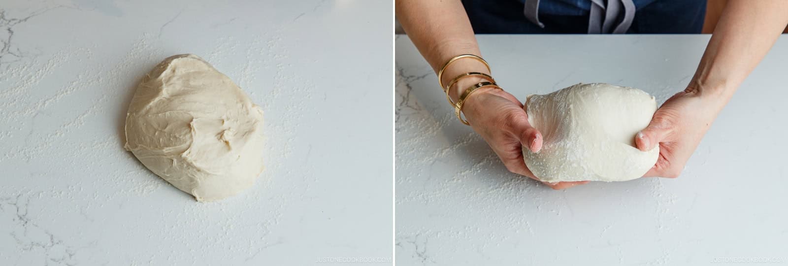 Use a flexible dough scraper to transfer the dough to your work surface. Fold the dough over itself so the smooth side faces up. Tuck the edges underneath to form a smooth oval, then scoop it up with both hands—keeping the smooth side up at all times.