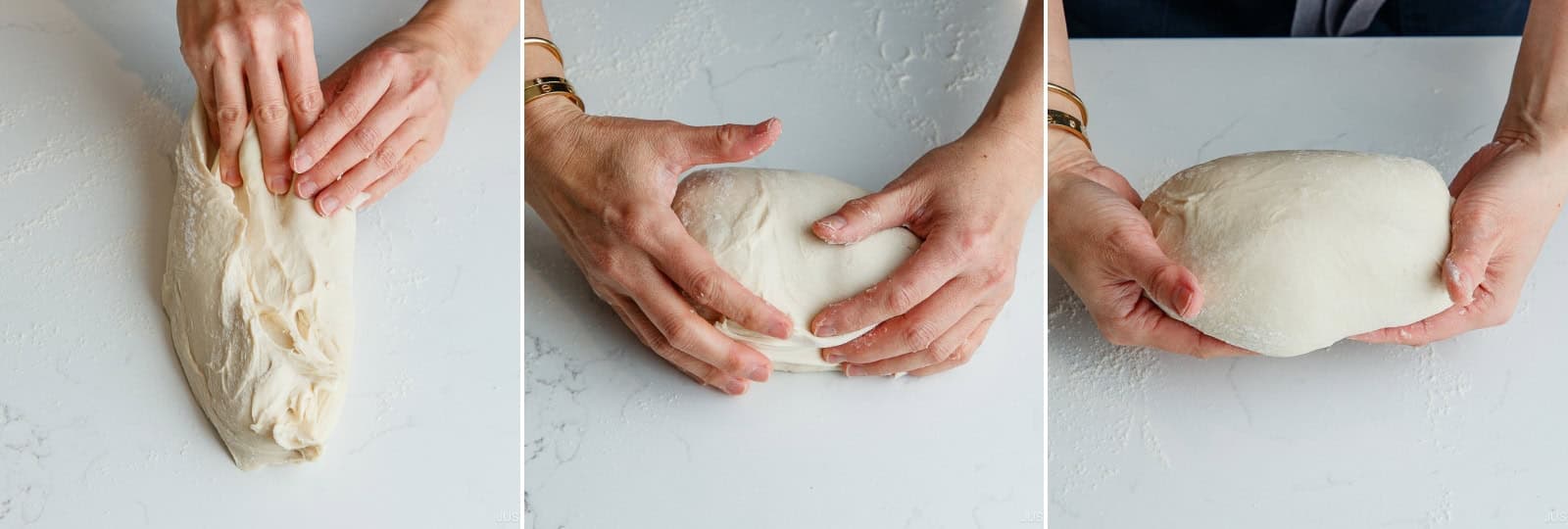 Slam and Fold: Hold the dough by the far edge and slam the smooth side firmly onto the work surface—bang!Fold the bottom edge up and away from you, then tuck the sides underneath to form a smooth, rounded shape. Scoop it up with both hands, keeping the smooth side up at all times.
