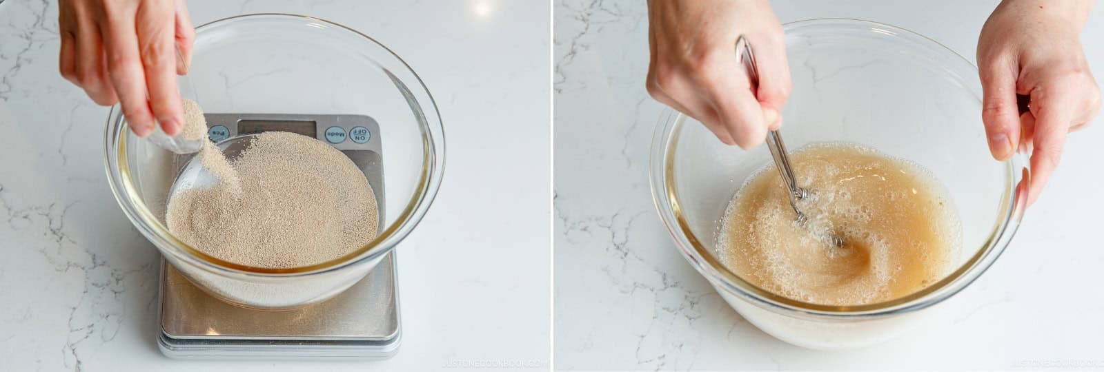 Whisk in 8 g instant yeast and set aside. Note: If substituting with active dry yeast, combine it with warm water (100–110°F / 38–43°C) and set it in a warm place for 10 minutes until foamy. If no foam appears, your yeast is likely inactive—start fresh to avoid a heavy, dense loaf.