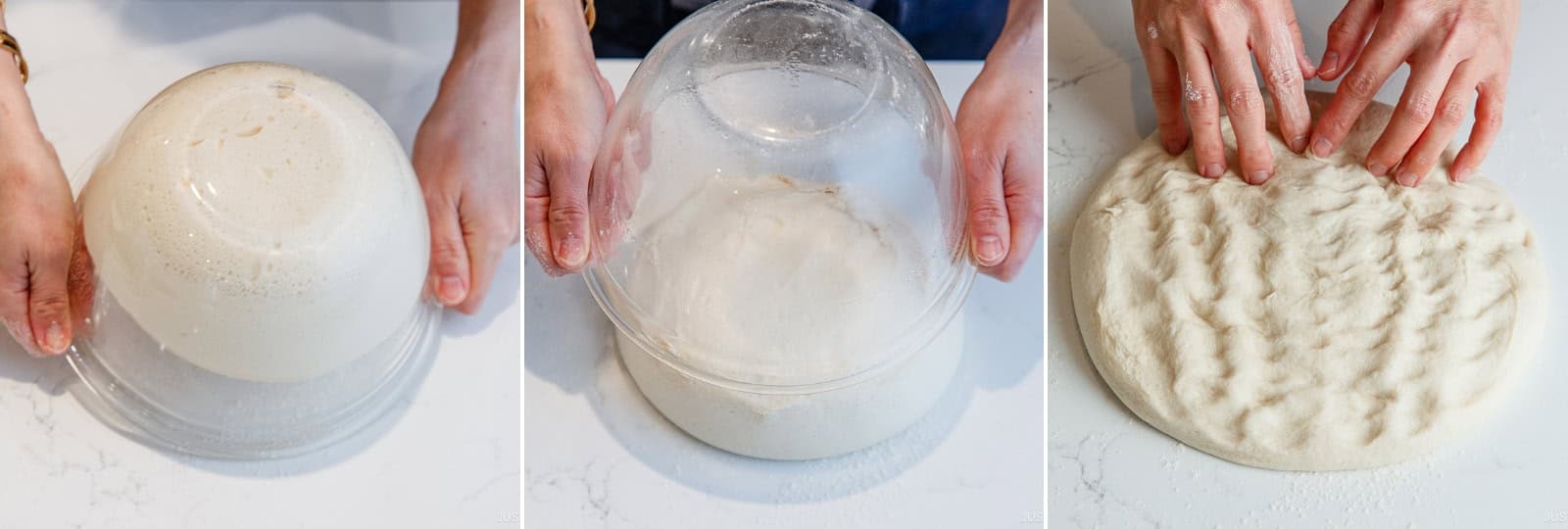 Turn the bowl upside down to release the dough onto your work surface. Gently press down with your fingers to deflate the air.Nami's Tip: Keep track of the smooth side—place it facing down at this stage.
