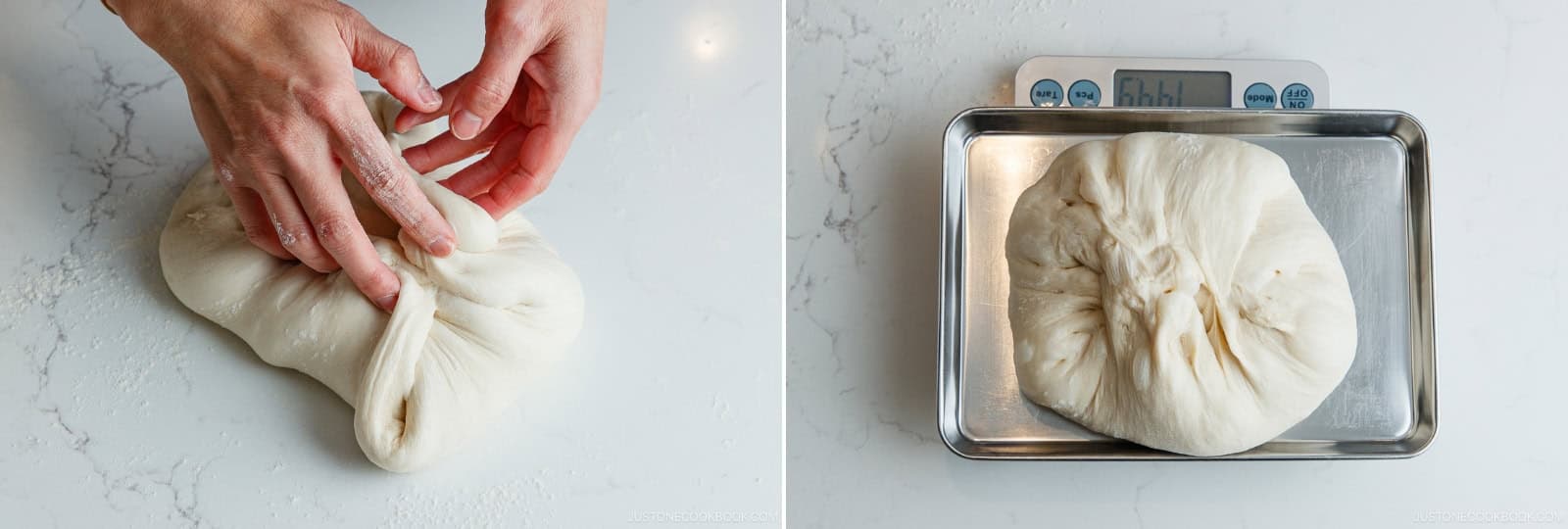 Gather the edges into the center and place the dough on the digital scale. Weigh the total, then use the dough scraper to divide it into 3 equal pieces.