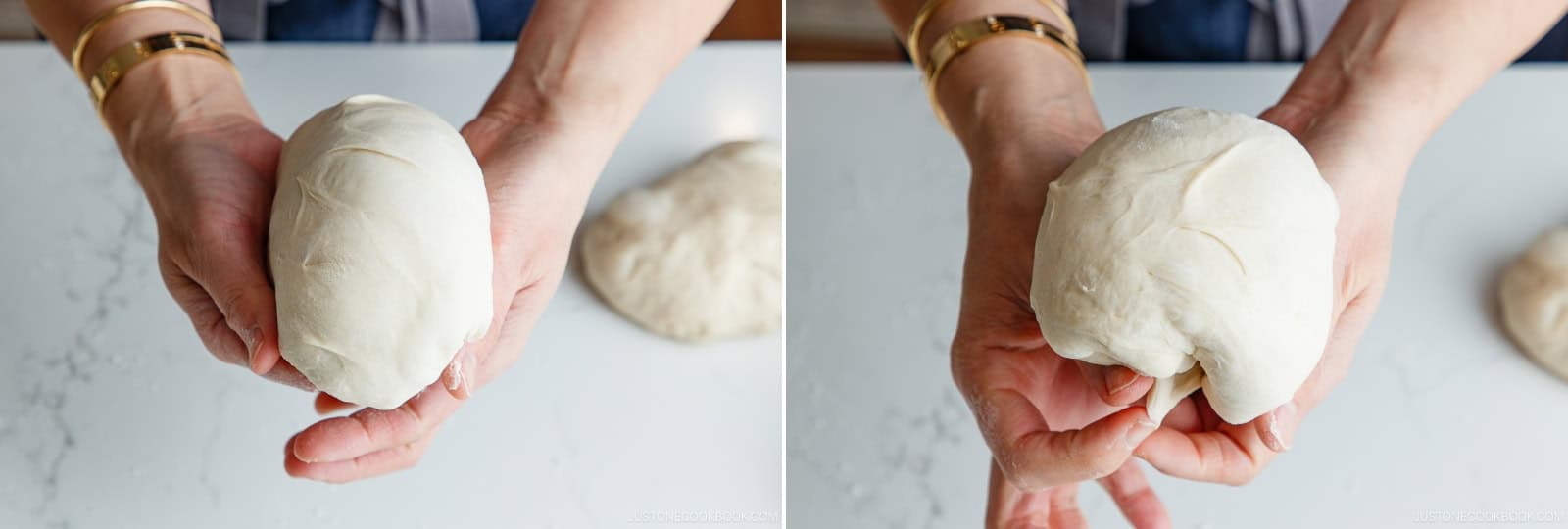 Hold the dough smooth side up. Using both hands, gently pull the dough down on two opposite sides to begin rounding. Rotate 90 degrees and repeat on the remaining sides to complete the smooth boule.