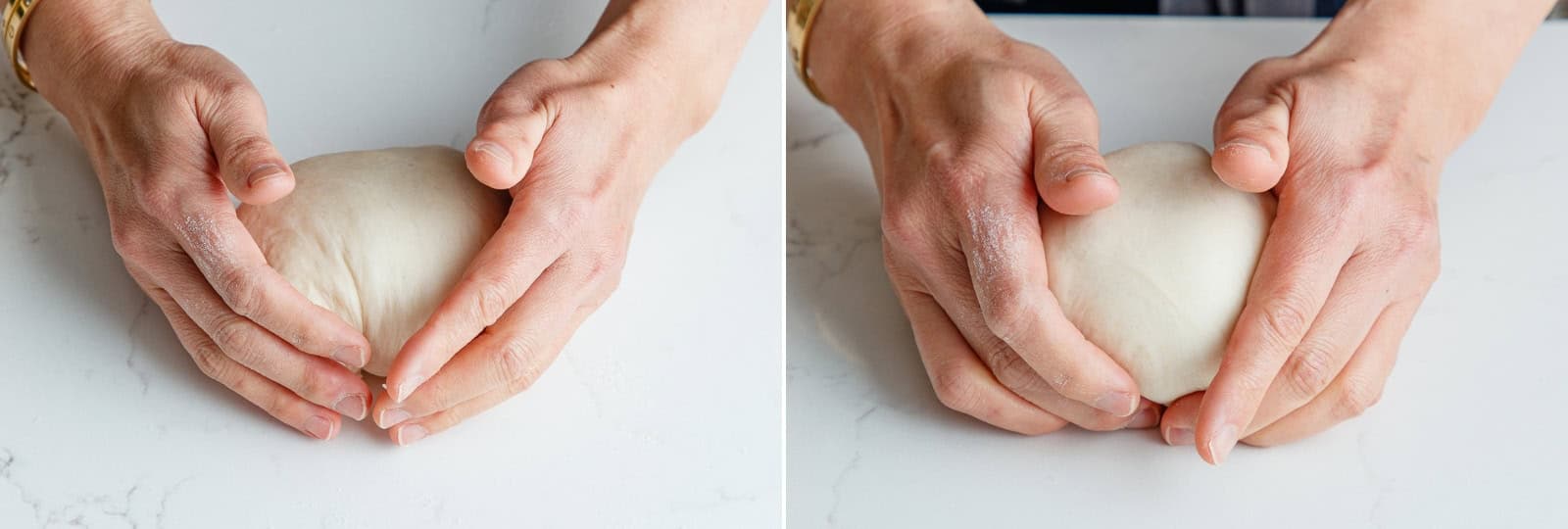 Place the dough on a non-floured surface. Drag it 2 inches (5 cm) toward you, rotate a quarter turn, and drag again—6 times total—until smooth and taut (see video). Apply the same tension to each piece to ensure an even rise. Repeat with the remaining pieces. Nami's Tip: You need the friction of a non-floured surface to pull the skin tight. If it slides too easily, it won’t get taut.