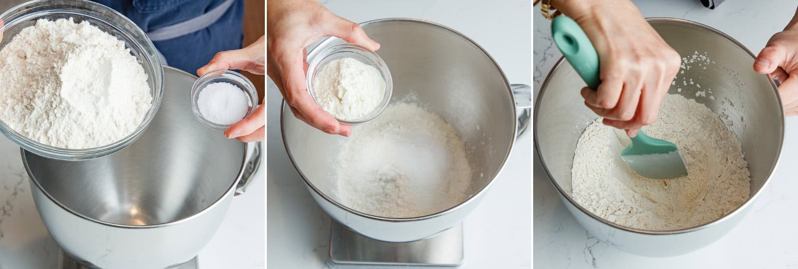 To the bowl of a stand mixer, add 385 g bread flour, 8 g Diamond Crystal kosher salt, and 22 g skim milk powder or nonfat dry milk powder. Mix until well-combined, then form a well in the center of the dry ingredients.