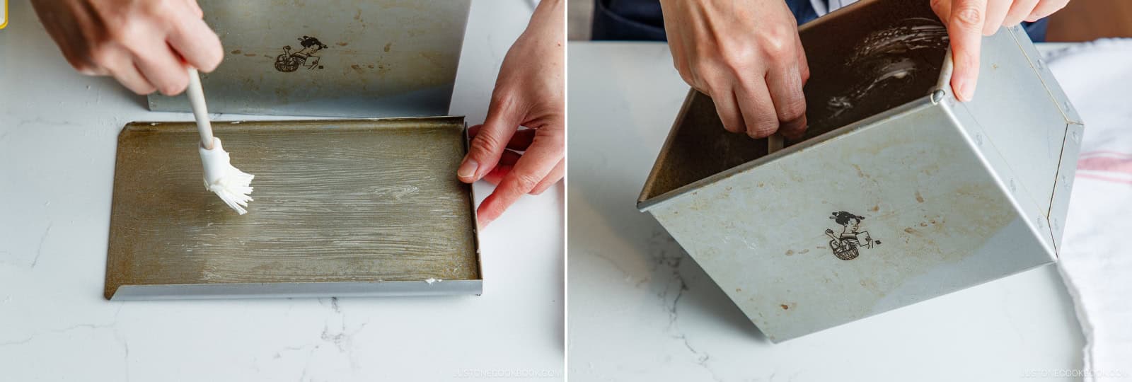 Grease the shokupan loaf pan and lid with 10 g unsalted butter (room temp). Apply a thin, even coating, paying extra attention to the corners.