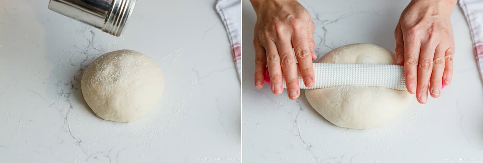 Take out one dough ball, keeping the others covered. Lightly flour the work surface and top of the dough—just enough to prevent sticking. Place the rolling pin in the center of the dough and press down.Nami's Tip: Use flour sparingly. If the dough slides rather than grips the surface while rolling, you’ve used too much flour.