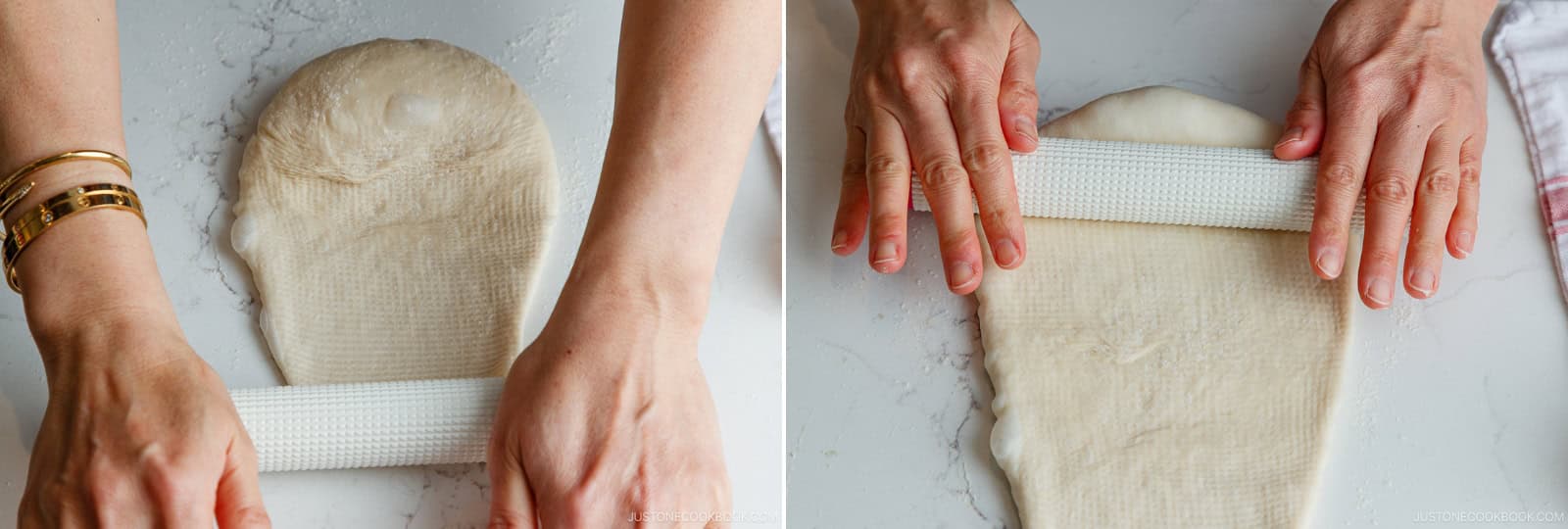 Roll from the center toward the top edge and the bottom edge. This is to release the gas. Nami’s Tip: If the dough springs back or shrinks, it needs more rest. Cover and wait 2–3 minutes. Never force it—forcing the dough can cause the log to unravel or tear during baking.