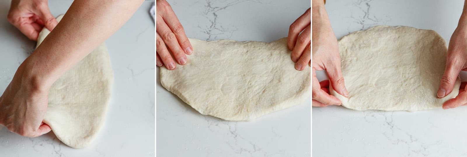Pick up the dough, rotate it 90 degrees, and flip it over. It should lie horizontally in front of you like a rounded rectangle. Gently lift the edges to release tension and let the dough relax.Nami’s Tip: When you flip it, the “smooth side” is now facing down.