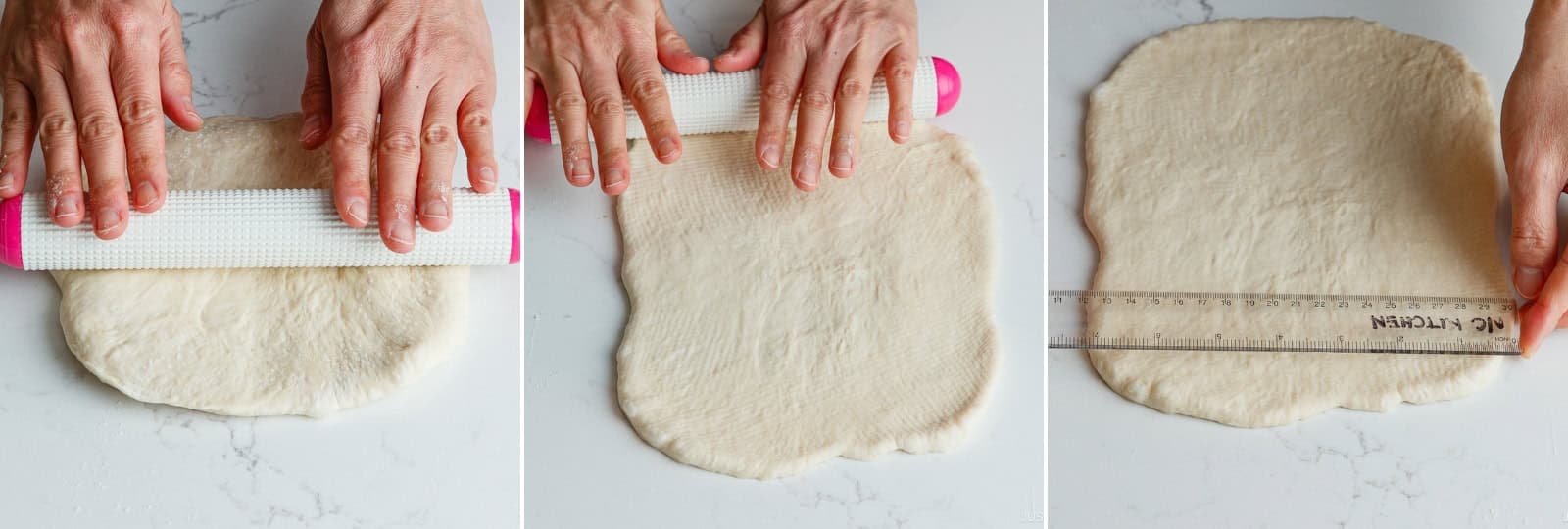 Starting from the center, roll the dough away and back toward you to an even thickness. Square off the corners to form a 7 x 9 inches (18 x 23 cm) vertical rectangle.