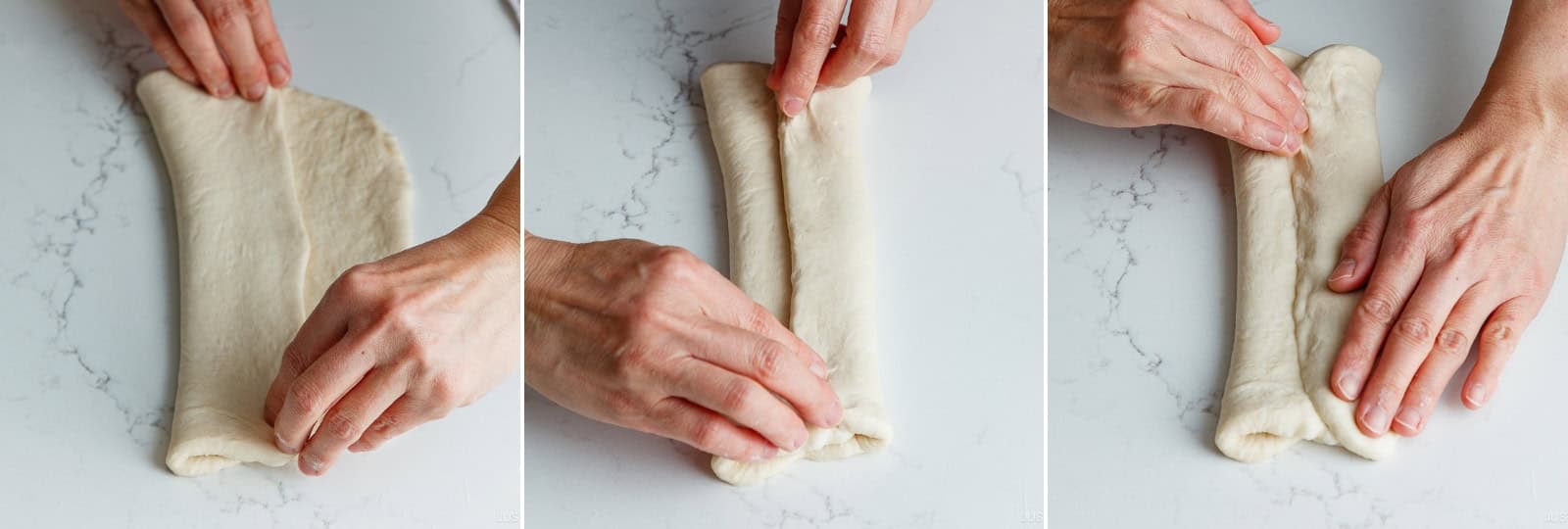 Fold the dough in thirds lengthwise, like a letter. Bring one side to the center, then overlap it with the other side. Press and seal the edges with your fingers to ensure an even thickness. Nami's Tip: If the dough sticks to the surface, lift it gently—never pull, or the delicate surface may tear.