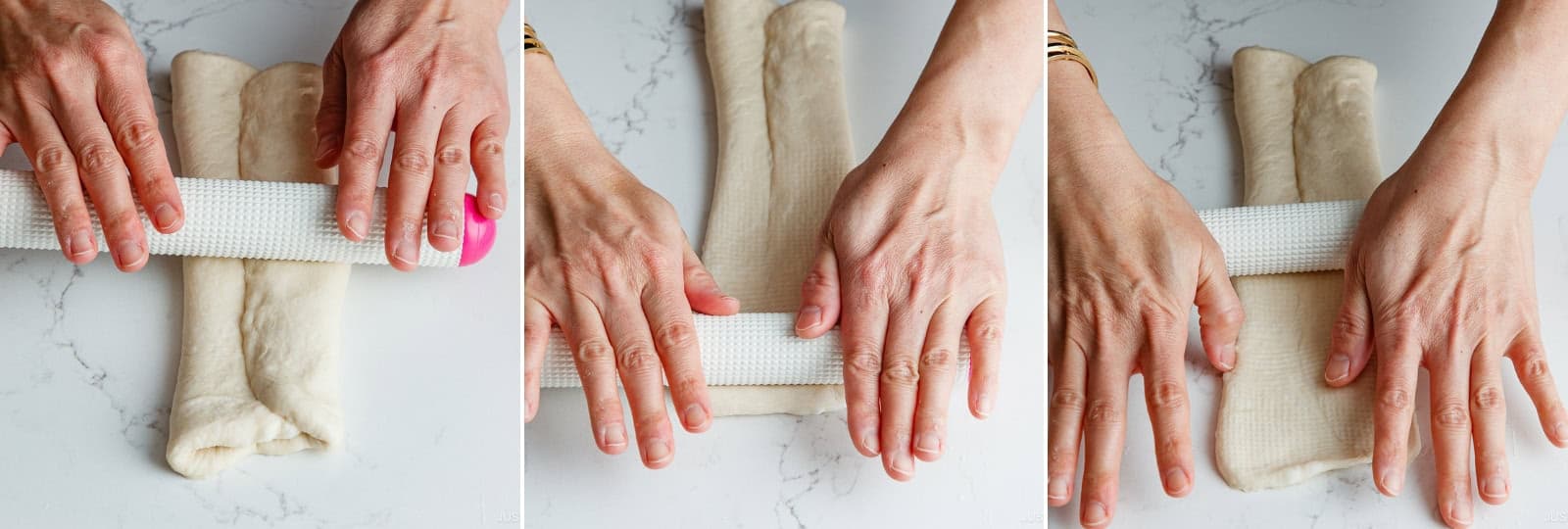 Place the rolling pin in the center and press it down. Roll the dough away and back toward you, pressing out any trapped air bubbles.
